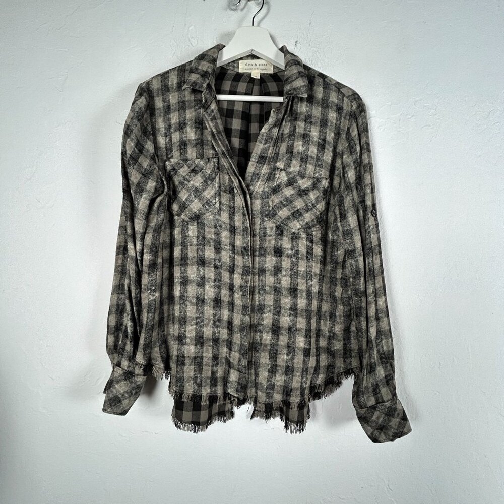 Cloth & Stone Womens Gray Black Checkered Fringe Trim Button Down Shirt Small - Picture 1 of 8